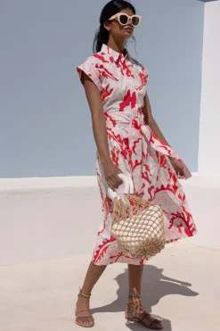 Belted Shirt Dress- Orchid Red