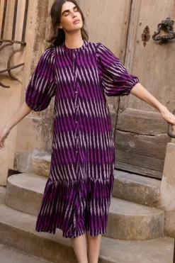 Button Puff Midi- Ikat Purple