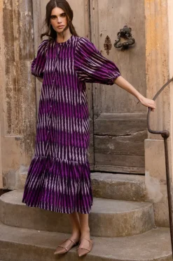 Button Puff Midi- Ikat Purple