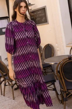 Button Puff Midi- Ikat Purple