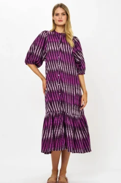 Button Puff Midi- Ikat Purple