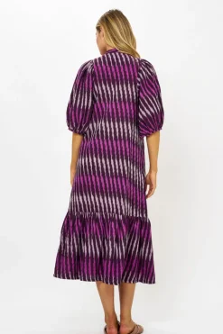 Button Puff Midi- Ikat Purple