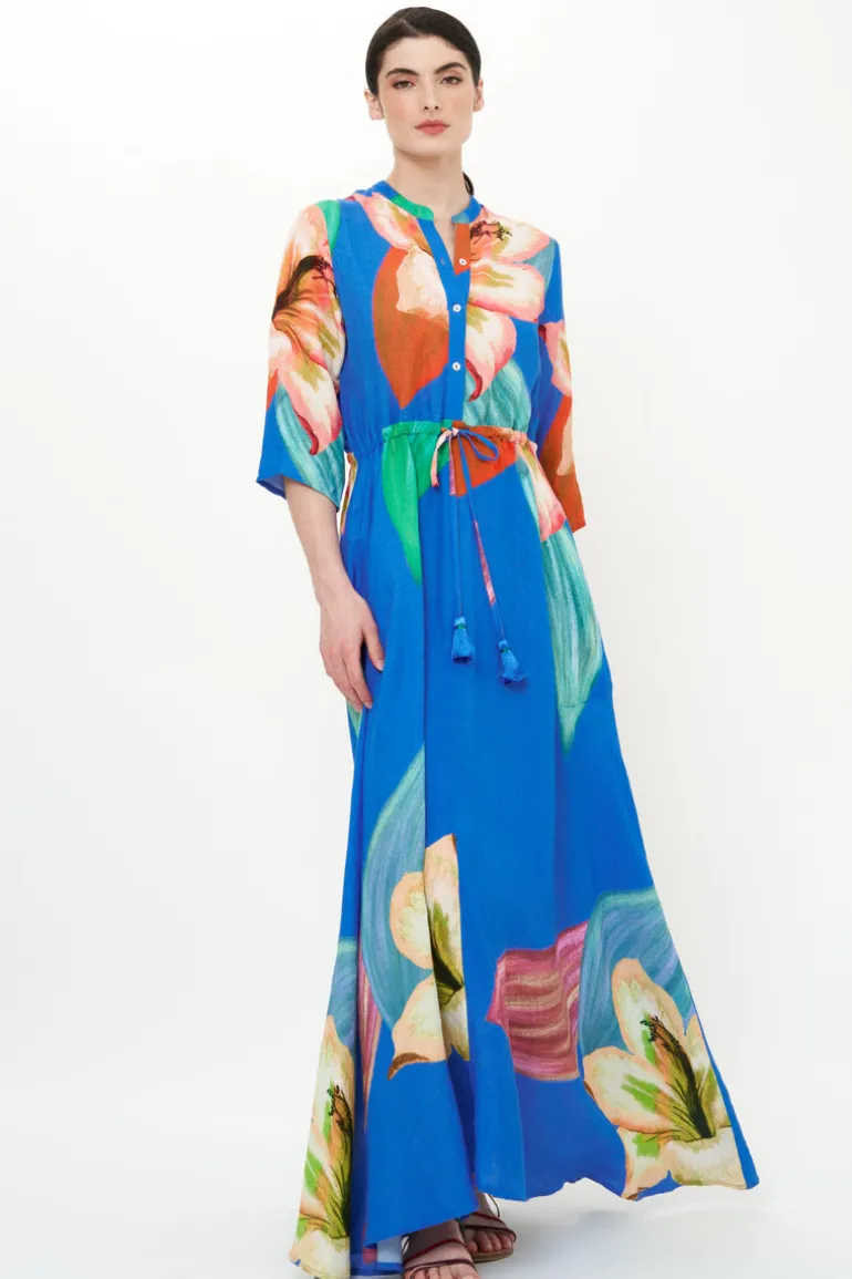 Cinched Shirt Dress Maxi- Hibiscus Blue