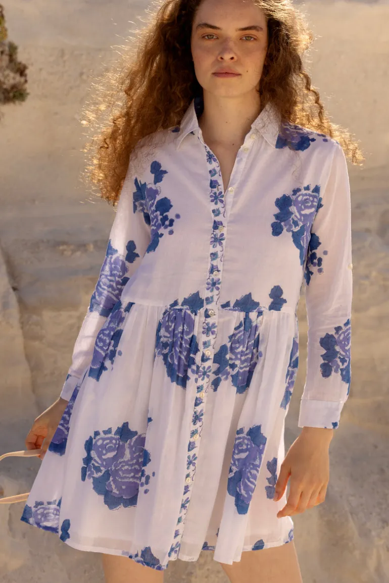 Long Sleeve Shirt Dress Mini- Portofino Blue