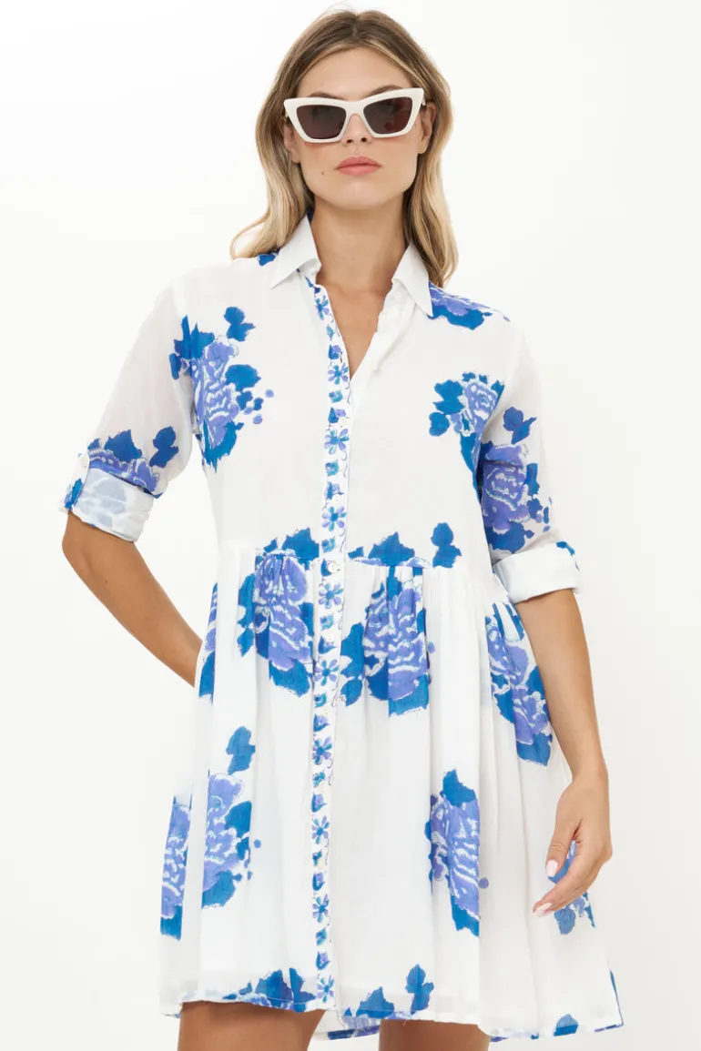 Long Sleeve Shirt Dress Mini- Portofino Blue