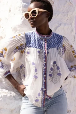 Mandarin Pintuck Blouse- Napa Blue