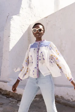 Mandarin Pintuck Blouse- Napa Blue
