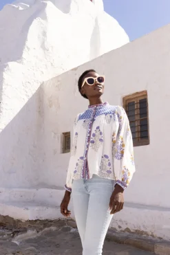 Mandarin Pintuck Blouse- Napa Blue
