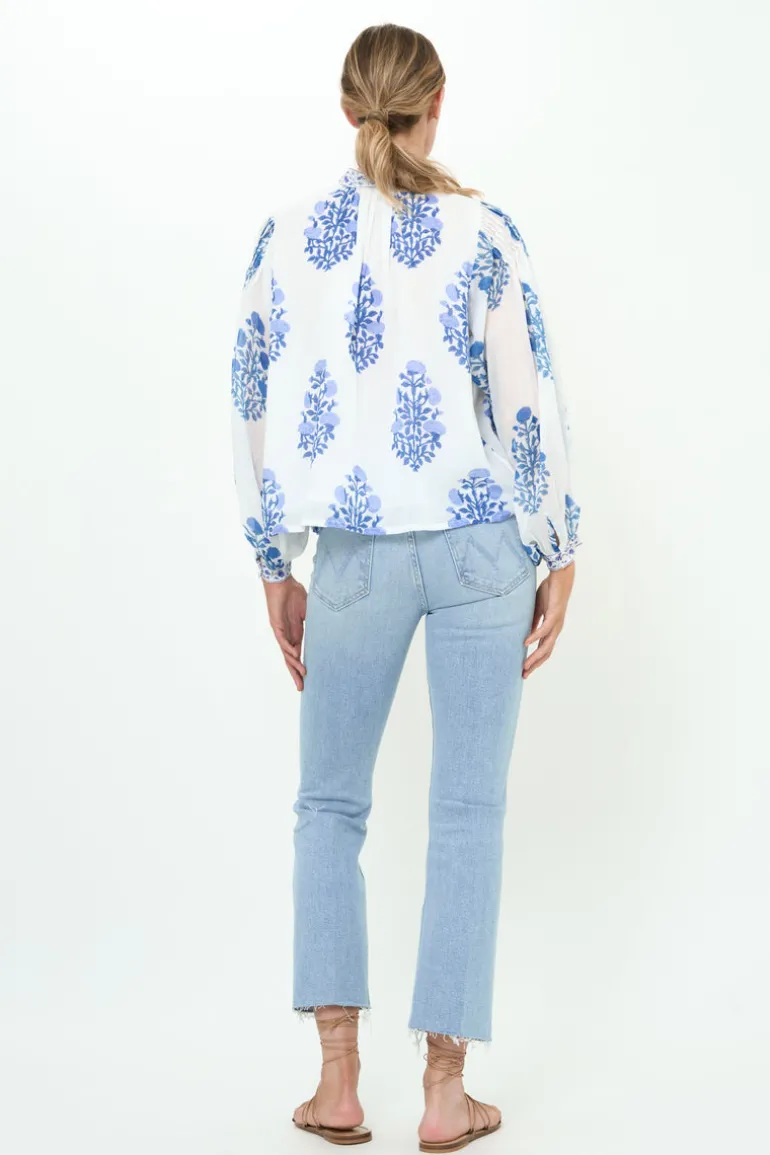 Mandarin Pintuck Blouse- Salvia Blue