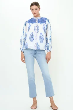 Mandarin Pintuck Blouse- Salvia Blue