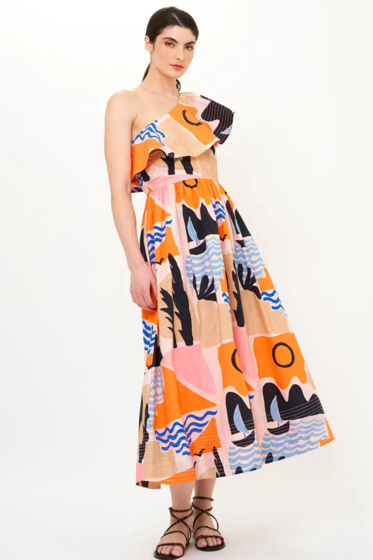 One Shoulder Ruffle Maxi- Riviera Orange