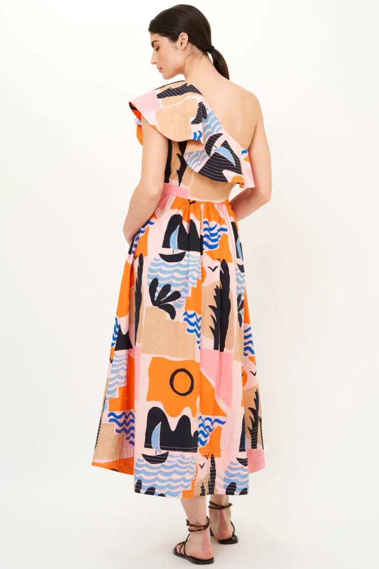 One Shoulder Ruffle Maxi- Riviera Orange