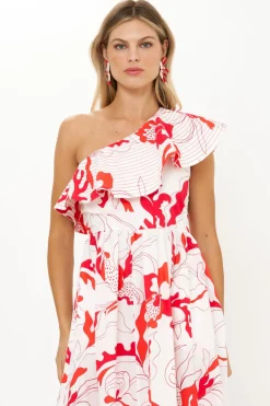 One Shoulder Ruffle Maxi- Orchid Red