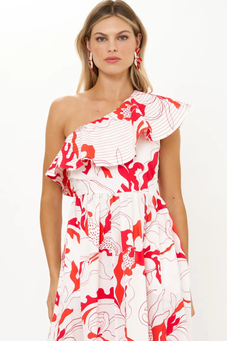 One Shoulder Ruffle Maxi- Orchid Red