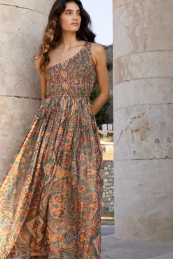 One Shoulder Smocked Maxi- Persia Aqua