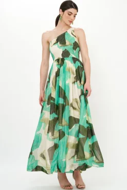 One Shoulder Smocked Maxi- Ginkgo Green
