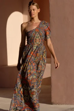 Puff Sleeve One Shoulder Smocked Maxi- Persia Cobalt