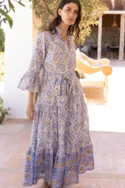 Ruffle Collar Bell Maxi- Marseille Blue