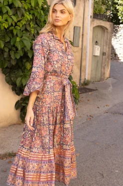 Ruffle Collar Bell Maxi- Matera Navy