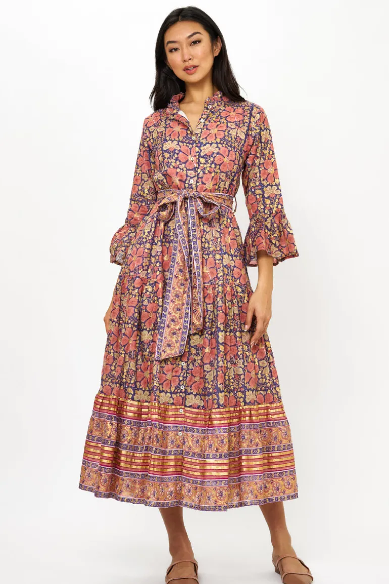 Ruffle Collar Bell Maxi- Matera Navy