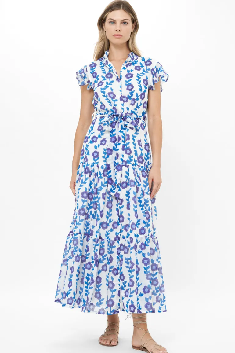 Ruffle Collar Button Maxi- Toscana Blue