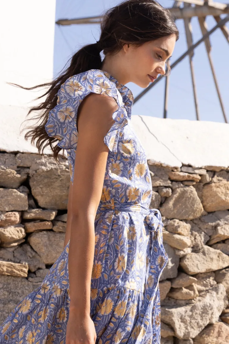 Ruffle Collar Button Maxi- Mughal Blue