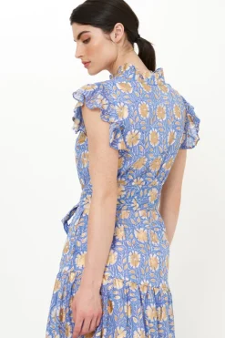 Ruffle Collar Button Maxi- Mughal Blue