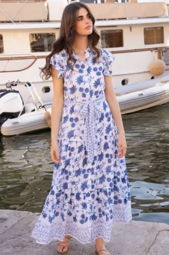 Ruffle Collar Button Maxi- Marion Blue
