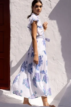 Ruffle Collar Button Maxi- Portofino Blue