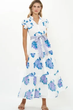Ruffle Collar Button Maxi- Portofino Blue