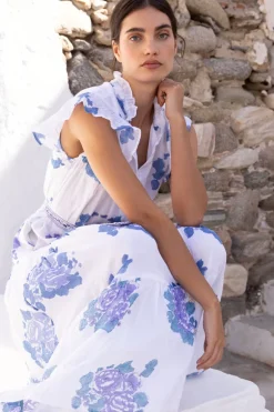Ruffle Collar Button Maxi- Portofino Blue