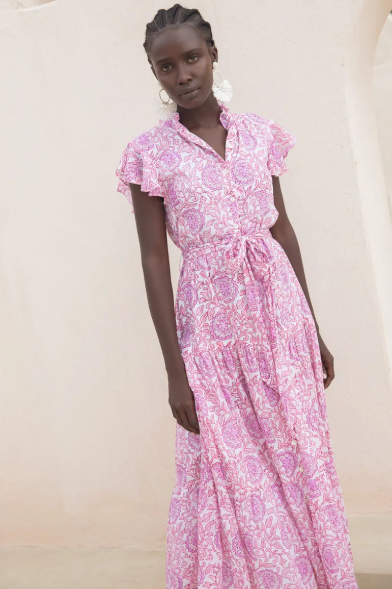 Ruffle Collar Button Maxi- Malta Pink