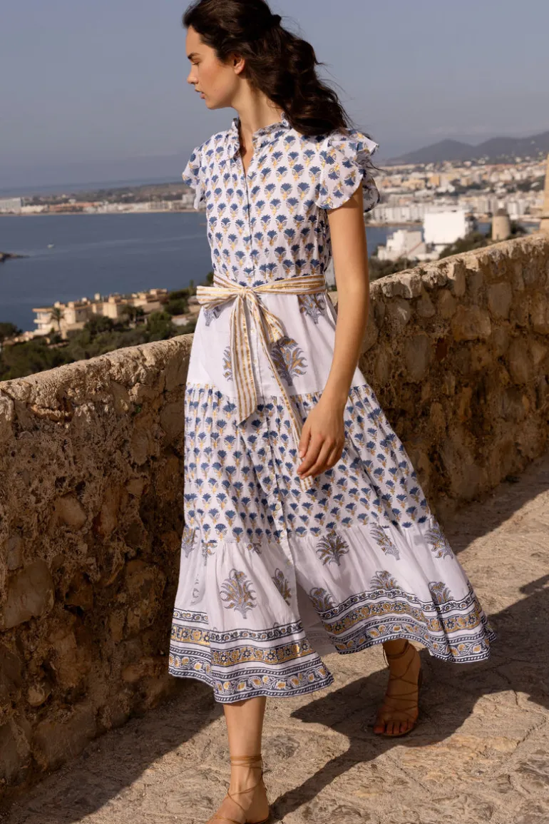 Ruffle Collar Button Maxi- Lotus Navy