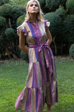 Ruffle Collar Button Maxi- Torino Blue