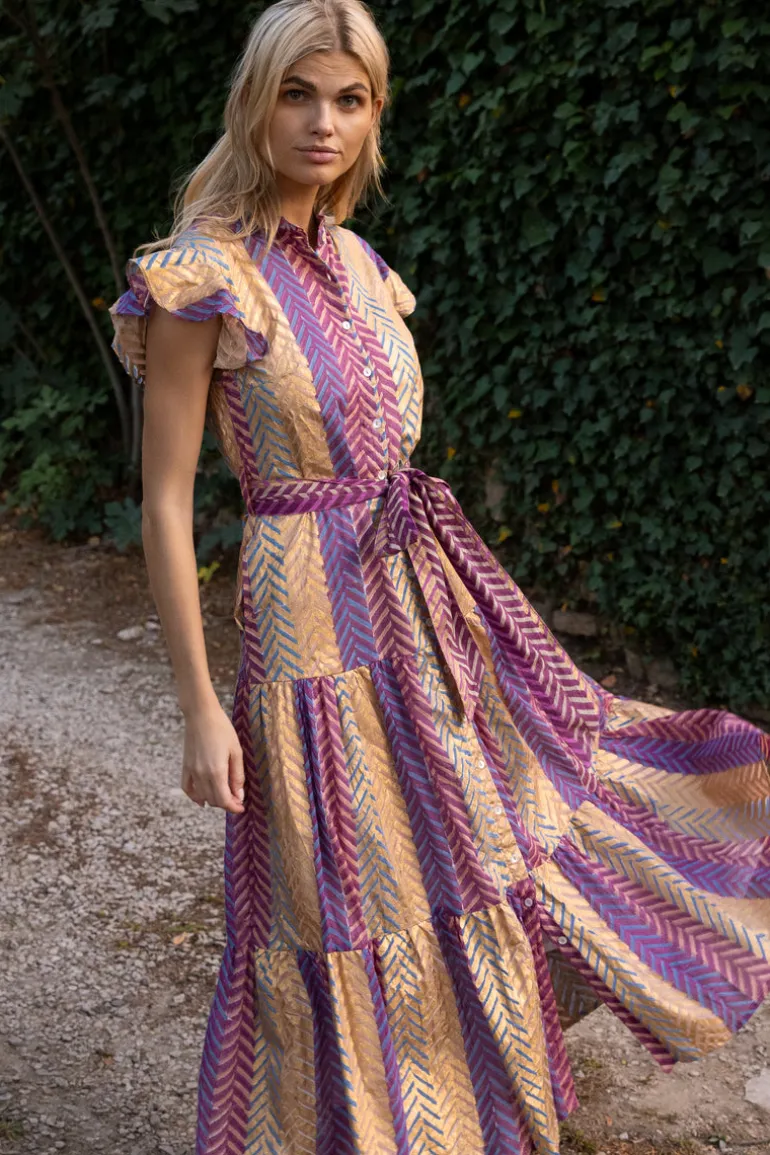 Ruffle Collar Button Maxi- Torino Blue