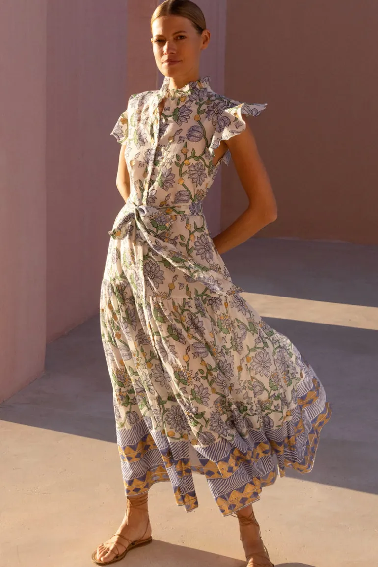 Ruffle Collar Button Maxi- Presidio Blue