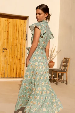 Ruffle Collar Button Maxi- Mughal Green