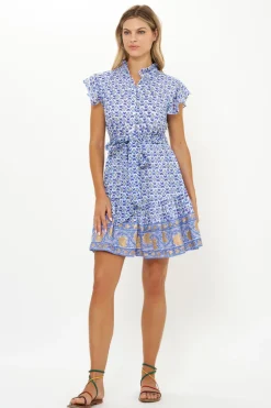 Ruffle Collar Button Mini- Veranda Blue