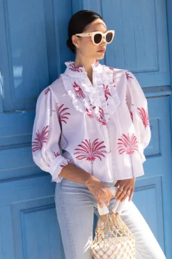 Ruffle Front Button Blouse- Canary Coral