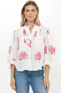 Ruffle Front Button Blouse- Canary Coral