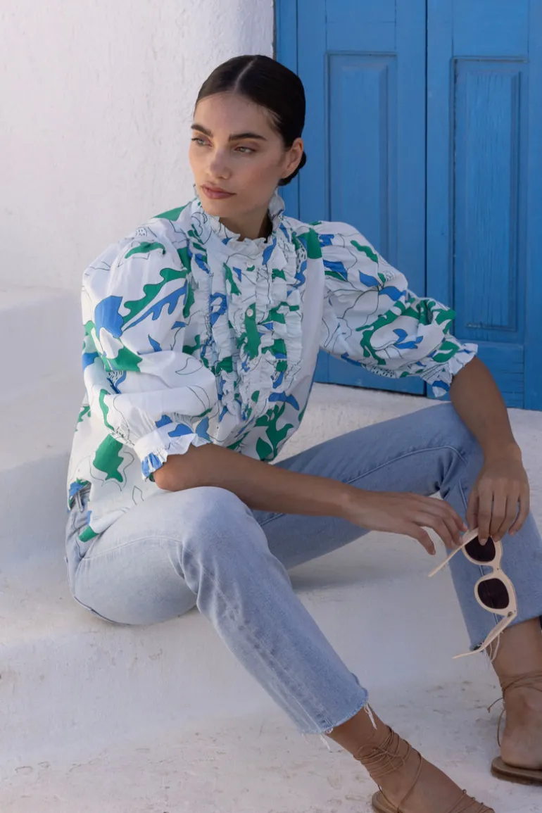 Ruffle Front Button Blouse- Orchid Green