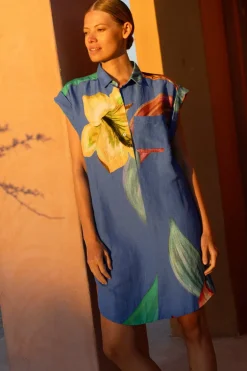 Shirt Dress Mini- Hibiscus Blue