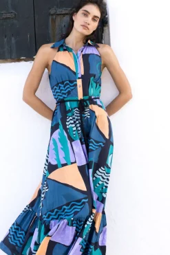 Sleeveless Shirt Dress Maxi- Riviera Blue