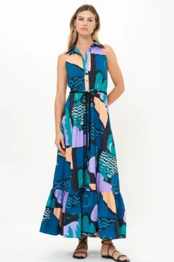Sleeveless Shirt Dress Maxi- Riviera Blue