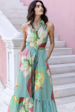 Sleeveless Shirt Dress Maxi- Hibiscus Sage