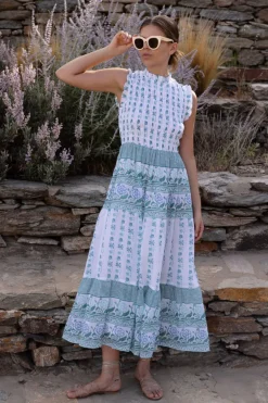 Sleeveless Smocked Maxi- Boreggo Green