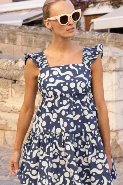 Smocked Square Neck Mini- Acadia Navy