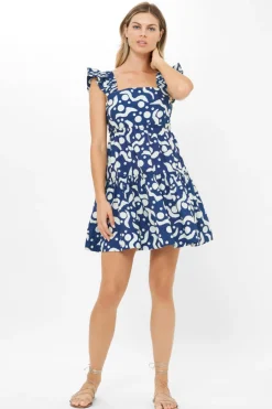 Smocked Square Neck Mini- Acadia Navy