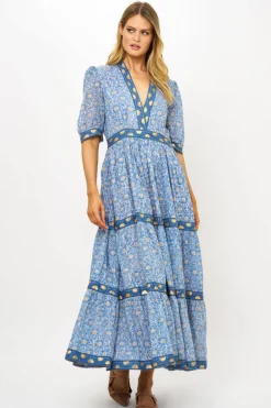 V-Neck Cuffed Maxi- Budapest Blue
