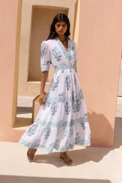 V-Neck Cuffed Maxi- Salvia Green